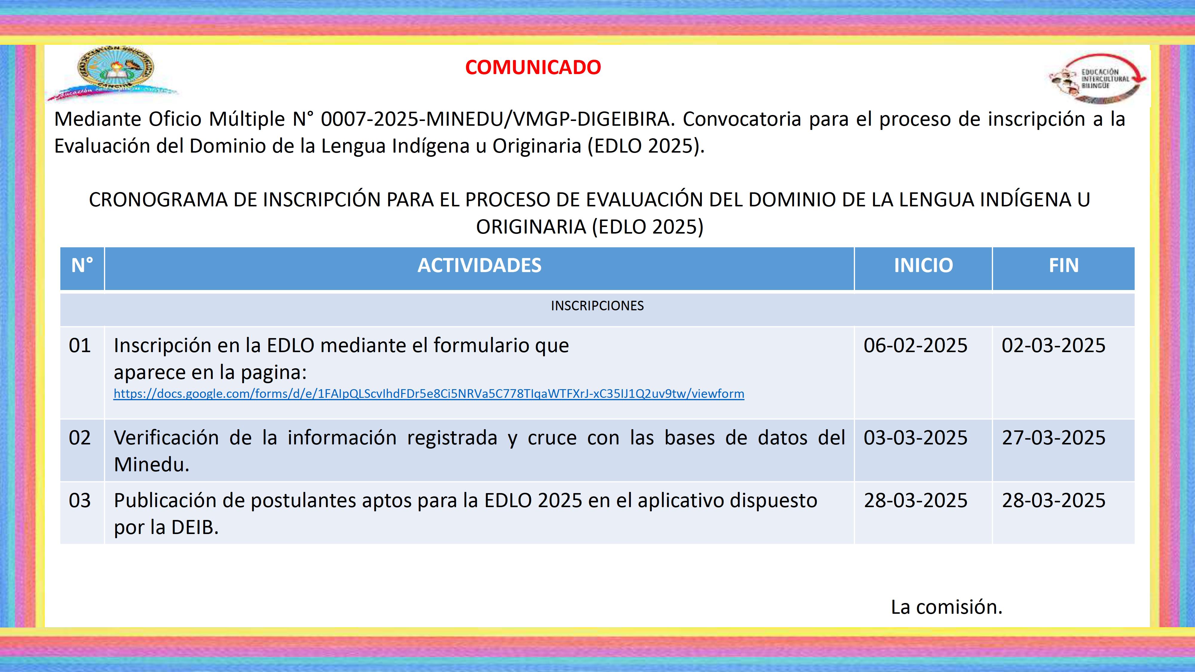 Cronograma de inscripción para el proceso de evaluación del dominio de la lengua indígena u originaria (EDLO 2025)